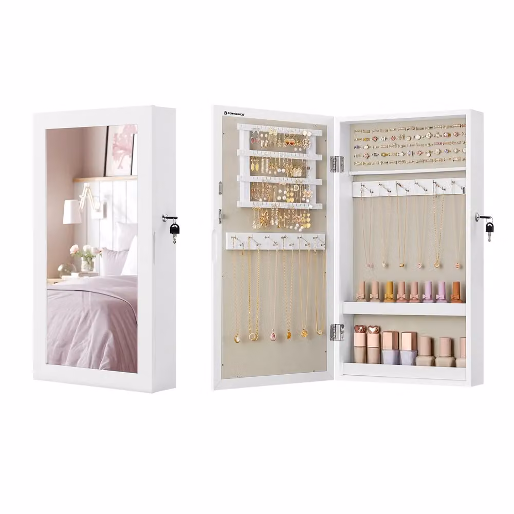 Armadietto Portagioie da Parete con Specchio e Serratura, Esterno Bianco + Interno Greige