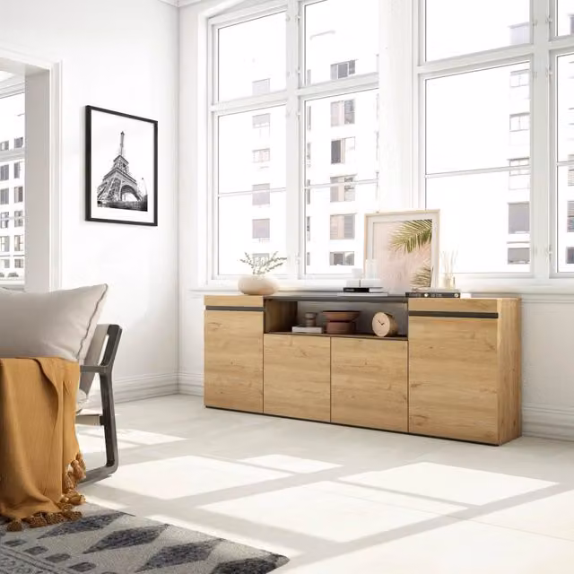 Credenza, Mobile, 200x35x75cm, 4 Porte, grande stoccaggio, colore Rovere e nero RF2280