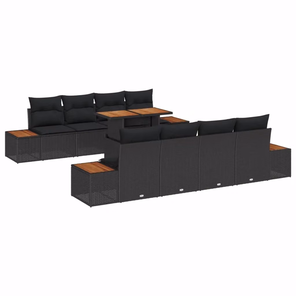 Set Divano da Giardino vidaXL 9 Pezzi a Forma di U in Poly Rattan Nero con Tavolino e Contenitore per Cuscini – 2