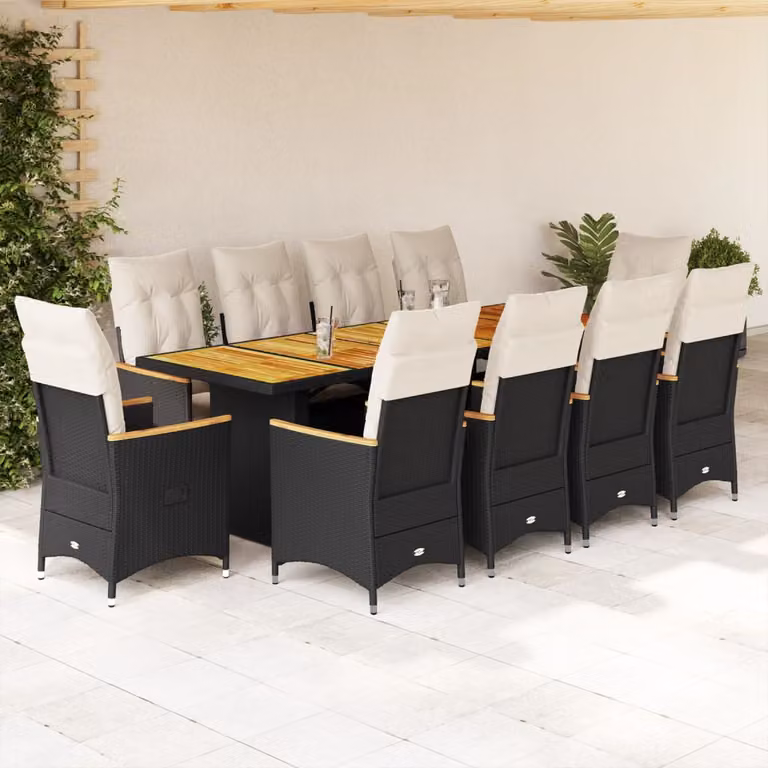 Set da Bistrò da Giardino vidaXL 11 pz in Polyrattan e Legno di Acacia con Cuscini Nero e Bianco