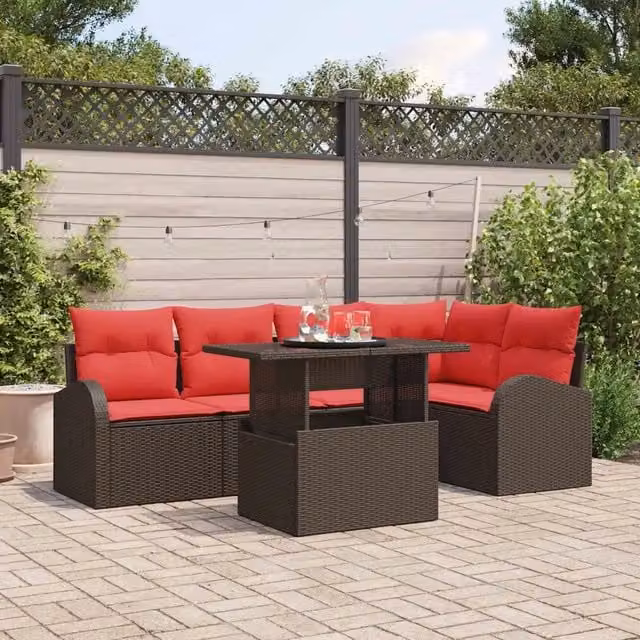 Set Divano da Giardino 6 pz 5-Numero di posti Marrone e Rosso 3348650