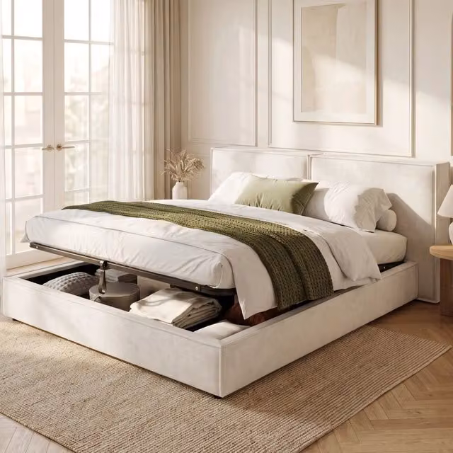 Letto contenitore matrimoniale 160 × 200 cm con sollevamento idraulico, senza materasso, in chenille beige