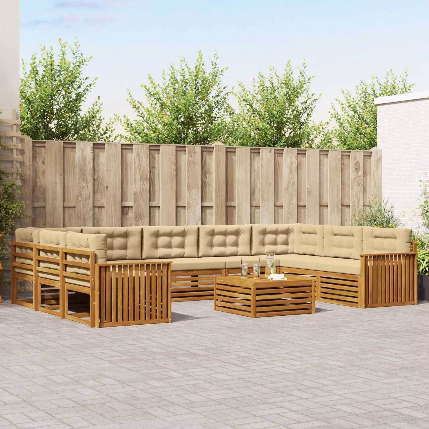 Set di divani da esterno vidaXL in legno di acacia con cuscini, composizione a L con tavolino, colore marrone e beige