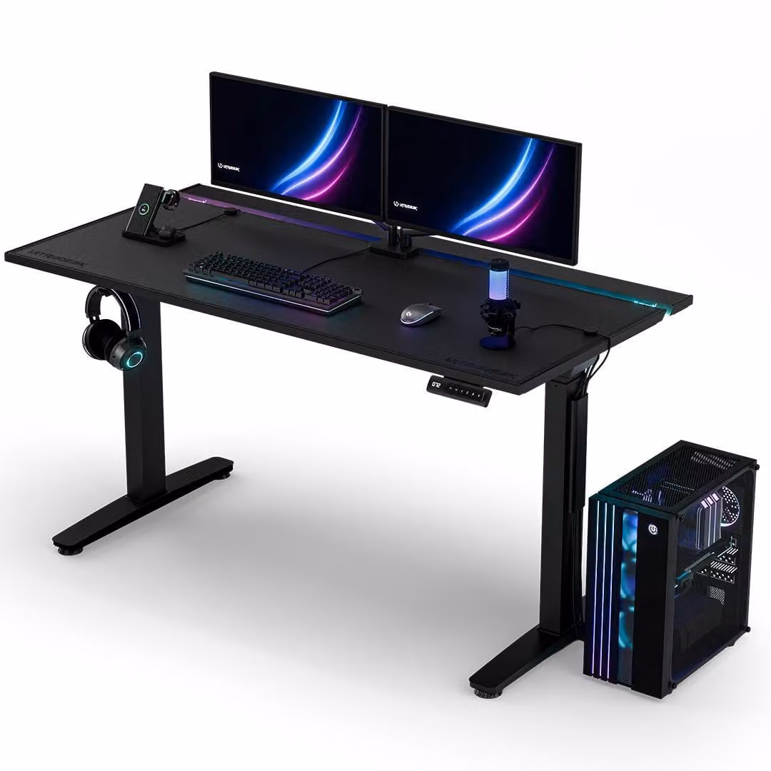 Ultradesk VORTEX - Nero - Scrivania per computer con regolazione elettronica dell'altezza e illuminazione LED RGB prismatica, piano di lavoro 140,5x70 cm, capacità di carico fino a 130 kg