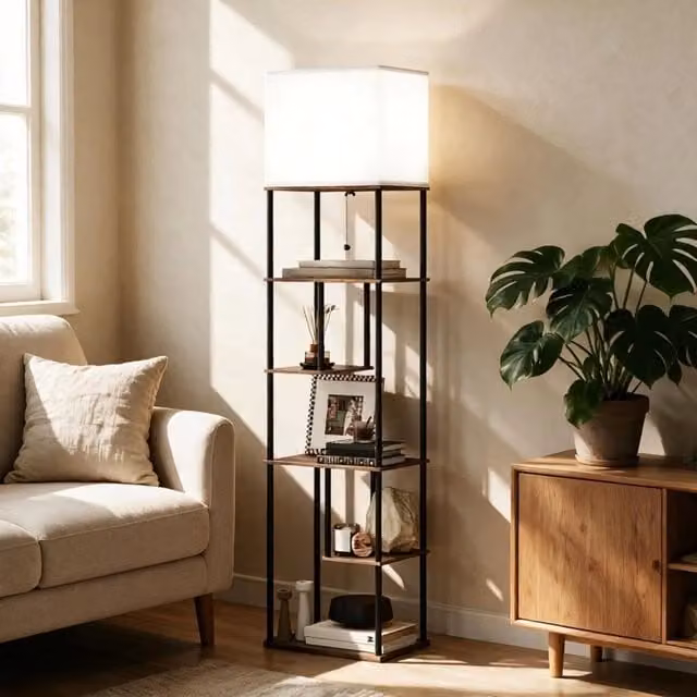 Lampada da terra con 5 ripiani beige e nero, dimmerabile con telecomando e timer, H 171 x L 40 x P 29 cm