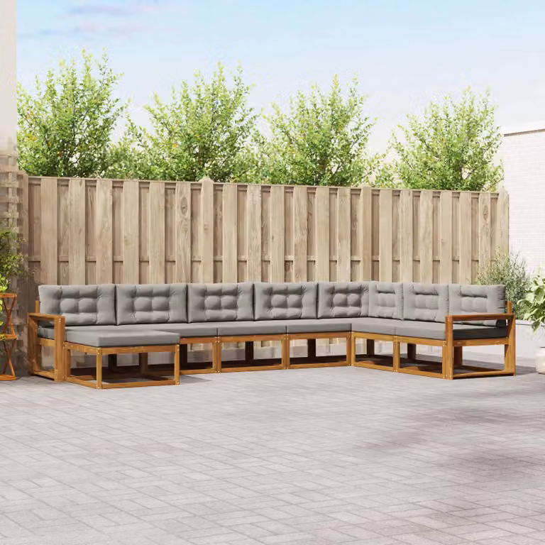 vidaXL Set di divani da esterno a L composto da 8 pezzi in legno di acacia con cuscini Grigio e Marrone