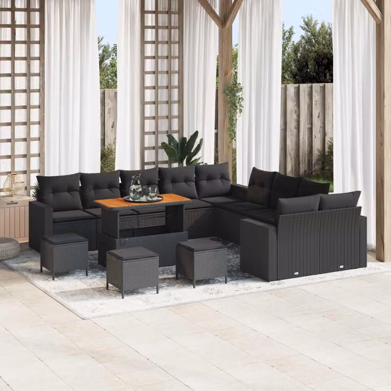 Set Divano da Giardino vidaXL a Forma di L con 18 Pezzi, Nero, con Cuscini e Tavolino, Struttura in Metallo e Polyrattan