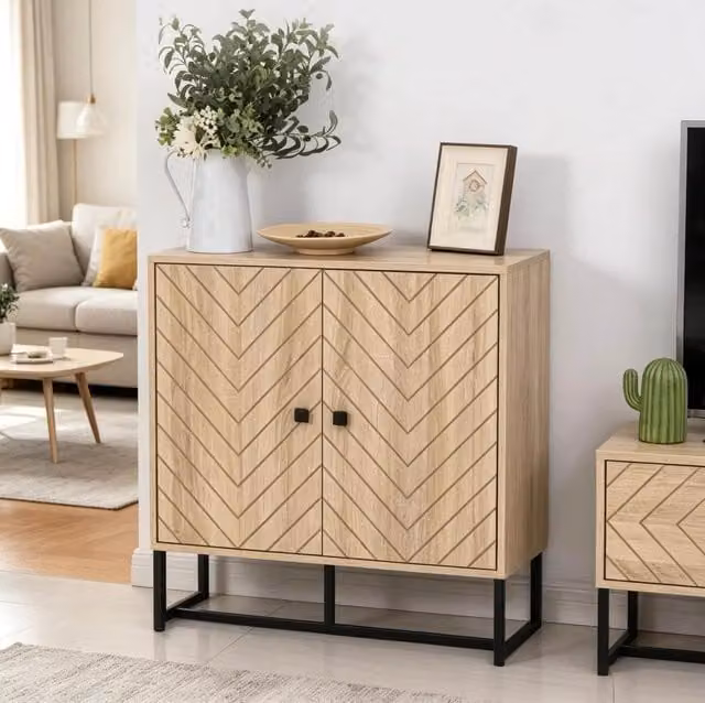 Mobile contenitore con ante magnetiche, struttura in truciolare e MDF, 80x29,5x80 cm, finitura legno naturale e nero