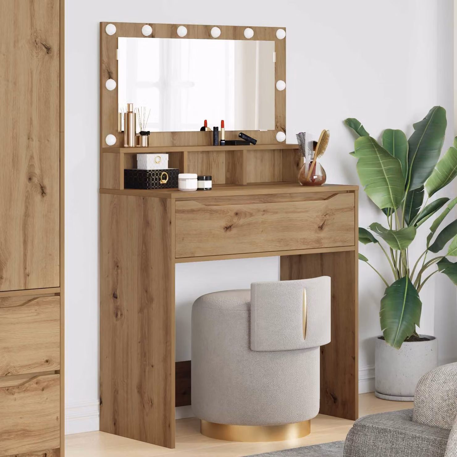 vidaXL Tavolo da Trucco Moderno con LED in MDF Laminato Marrone Rovere L: 135,0 cm, P: 39,5 cm, H: 80,0 cm