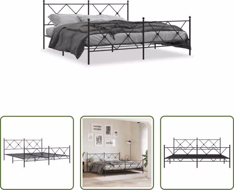 The Living Store Struttura letto con testiera e pediera in metallo nero 183x213 cm