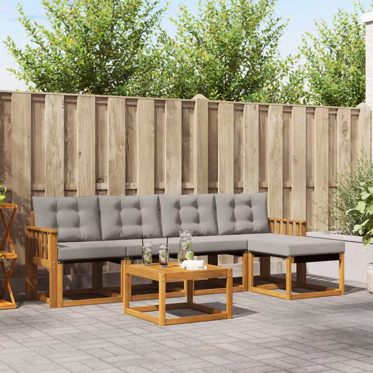 Set di divani da esterno vidaXL a forma di L composto da 6 pezzi in legno di acacia con tavolino e pouf, Colore Naturale e Grigio Chiaro