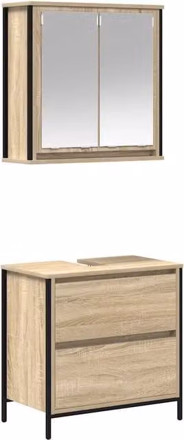 Set Mobili da Bagno Moderno in Legno e Metallo Marrone con Mobile Lavabo e Armadietto Pensile con Specchio L/P/H: 60 x 34,5 x 60 cm