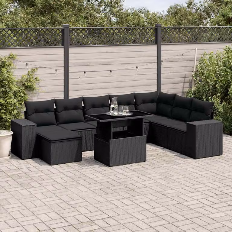 Set di divani da giardino vidaXL 9 pezzi in polyrattan nero con cuscini e tavolino da esterno