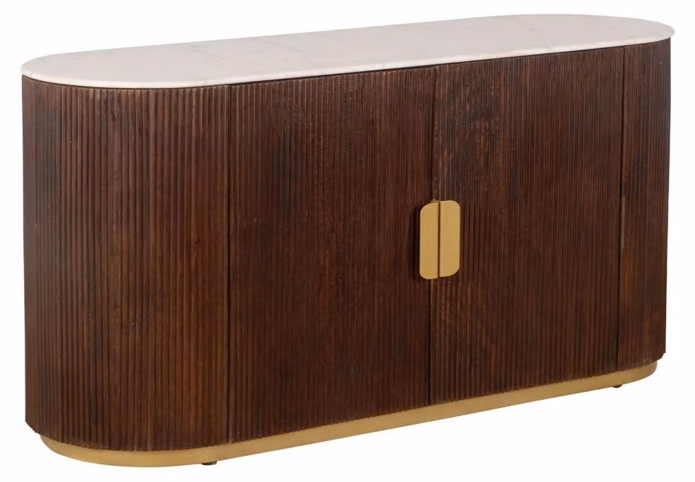 Credenza ORION da 120 cm in legno massello di mango e marmo bianco, con 2 ante, nei colori marrone, bianco e dorato