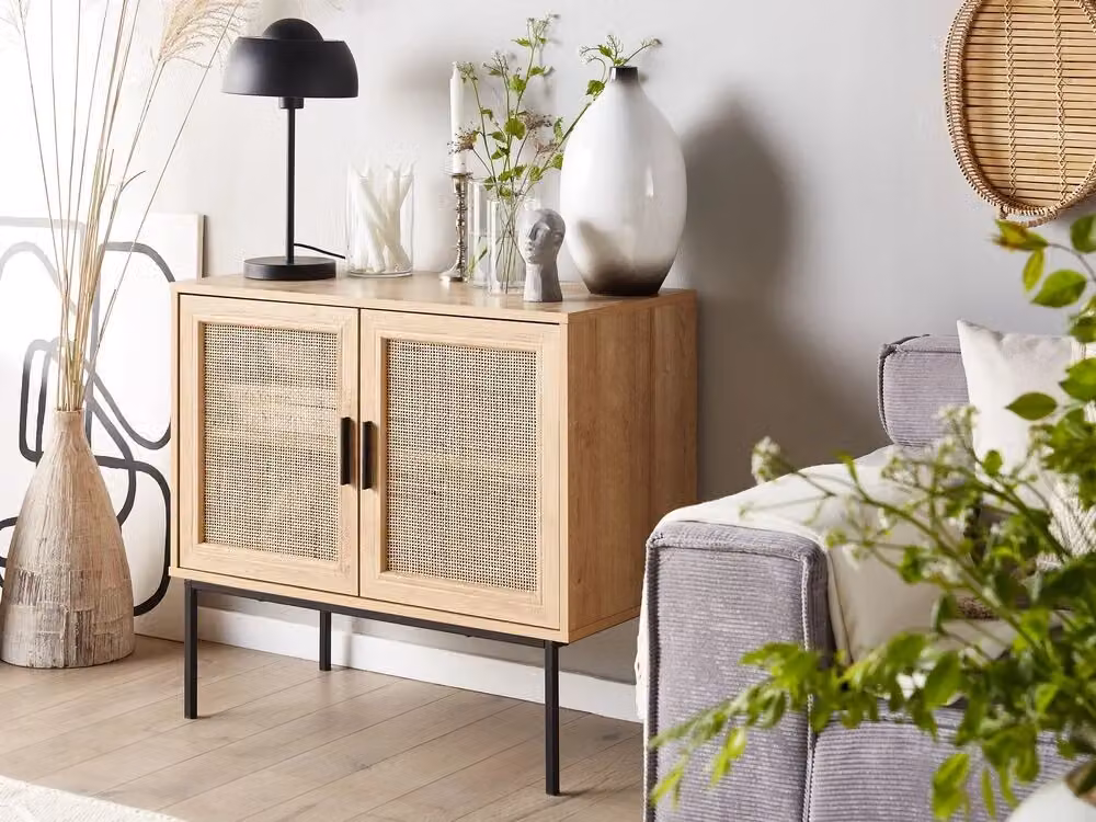 Credenza Moderna Beliani con 2 Cassetti in Vimini e Legno Chiaro, Stile Boho, Colore Beige e Marrone, L: 80 cm, H: 72 cm – 2
