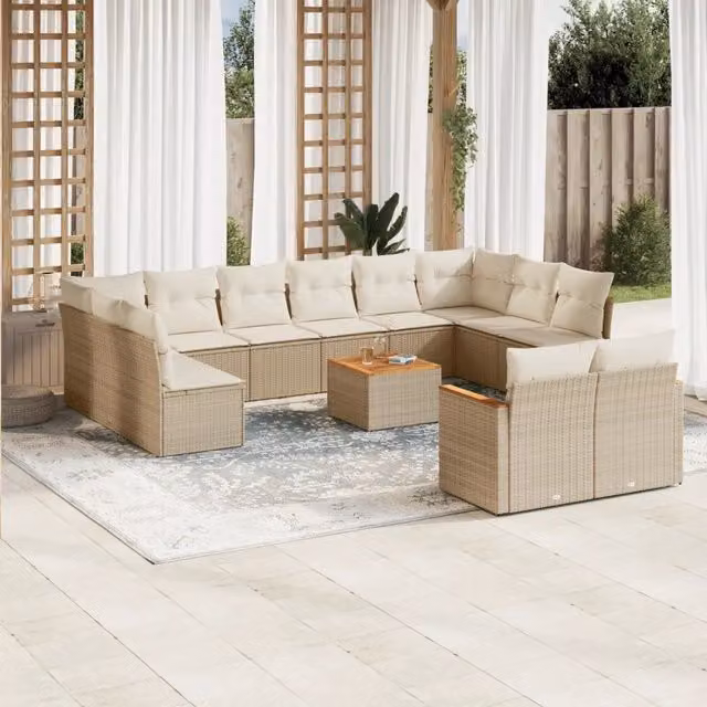 Set Divano da Giardino a Forma di U vidaXL in Polyrattan e Legno di Acacia con Cuscini Beige e Tavolino da Esterno