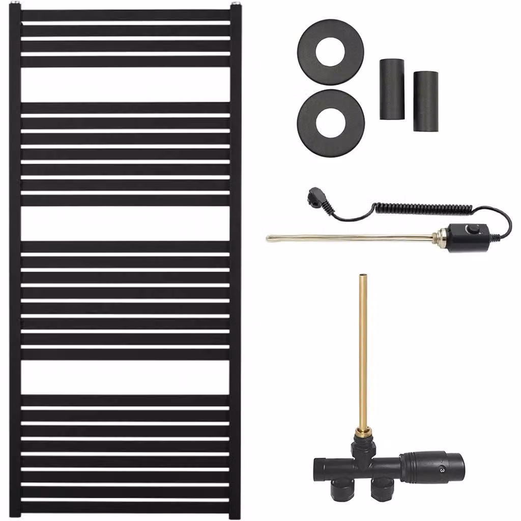 Set radiatore per bagno Vincenzo - riscaldamento combinato, barra termica - collegamento laterale a un punto - 600W - nero opaco - 1330x600 mm