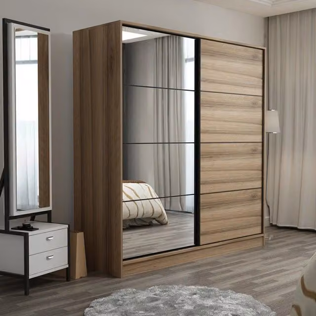 Armadio da camera da letto DMORA con ante scorrevoli, interno con appendiabiti, ripiani e specchio, Marrone Rovere, L: 180 cm, P: 60 cm, H: 190 cm – 1