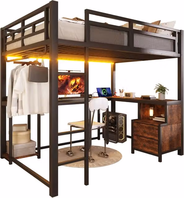 Letto a soppalco REDOM in metallo e legno nero con scrivania, cassetti, ripiani, barra appendiabiti e porta USB L/P/H: 208 x 140 x 148 cm