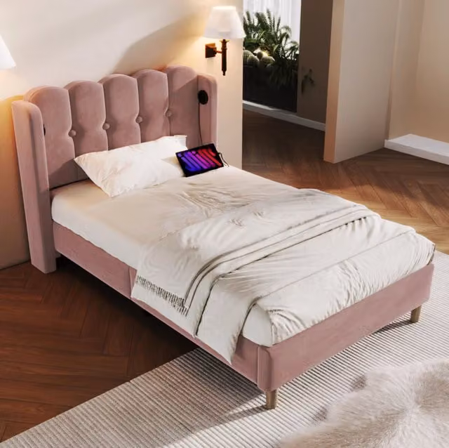 Letto singolo imbottito rosa 90x200 cm con funzione di ricarica USB Tipo C e rete a doghe