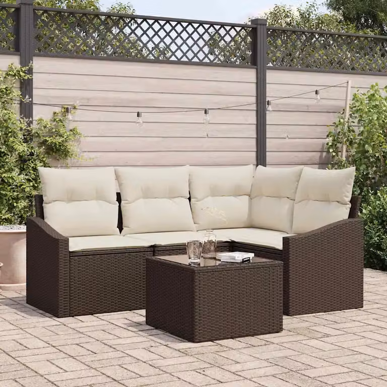 Set Divano da Giardino vidaXL 5 Pezzi a Forma di L con Tavolino, Colore Marrone e Beige, Struttura in Metallo e Polyrattan con Cuscini Inclusi