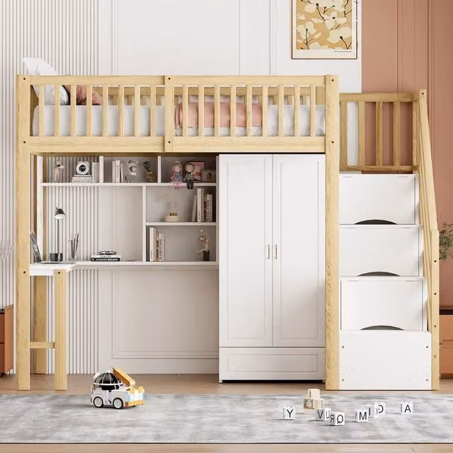 Letto a soppalco 90x200 con armadio grande e scrivania in legno massello colore legno naturale e bianco