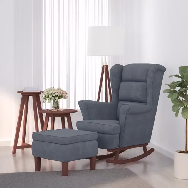 Sedia a dondolo con schienale alto in velluto grigio scuro e pouf vidaXL
