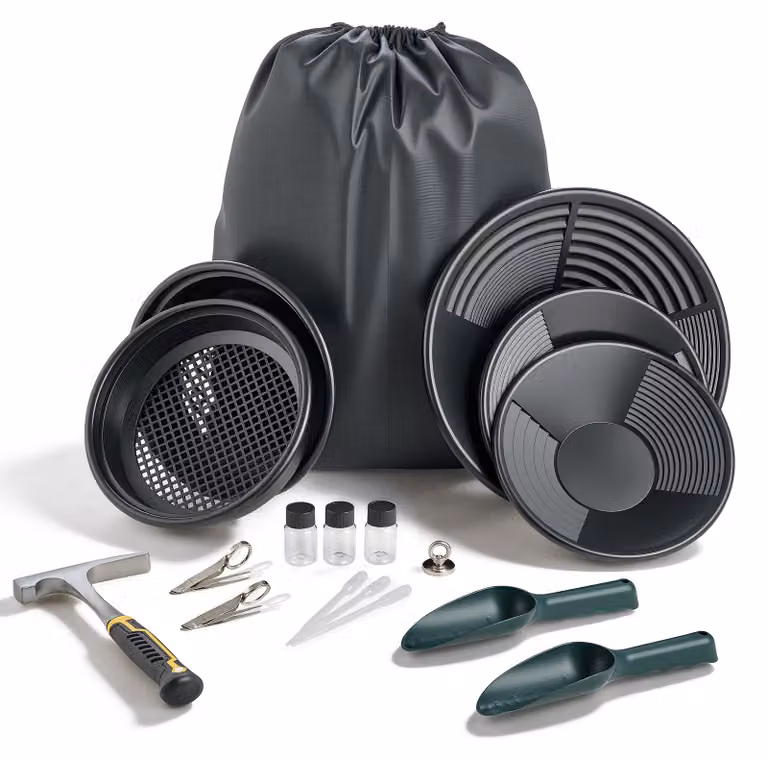 SucceBuy Padella per la ricerca dell'oro 10 e 14 pollici, set da 19 pezzi, portatile, con setacci di classificazione, magnete per sabbia, piccone, pale, zaino e accessori, set per la ricerca dell'oro, nero