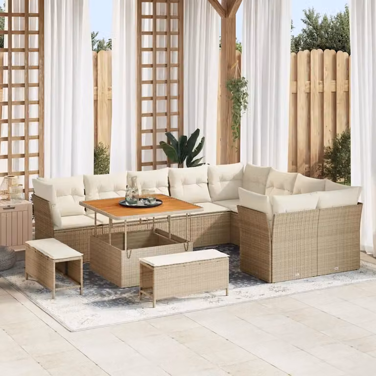 Set Divano da Giardino vidaXL 12 Pezzi in Polyrattan Beige con Cuscini e Tavolino da Esterno
