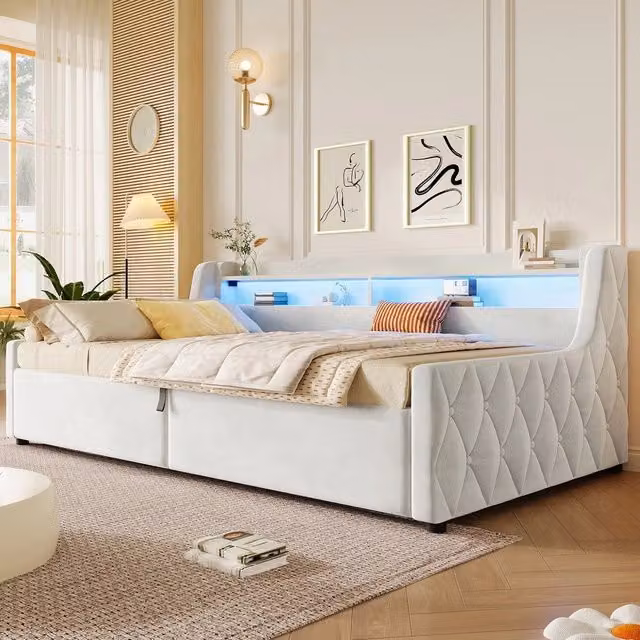 Letto Contenitore Imbottito ¨C Minimal ¨C Velluto Crema 90x200 cm con LED e Idraulico