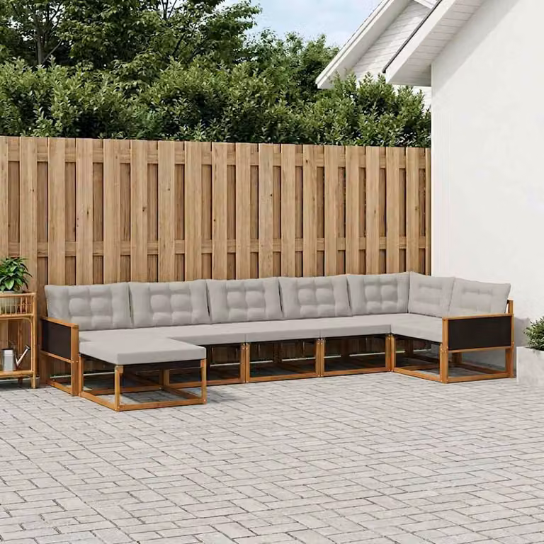 vidaXL Set di divani da esterno a L composto da 7 pezzi in legno di acacia con cuscini beige e grigi per giardino e terrazza