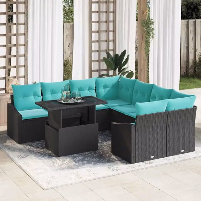 Set Divano da Giardino 9 pz Nero e Blu polyrattan 3348982