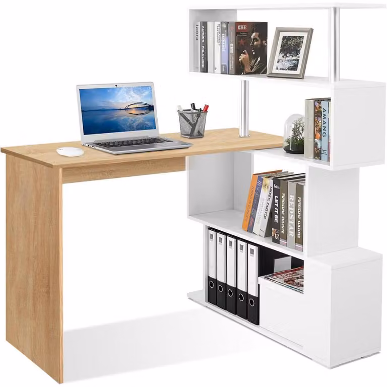 Scrivania a forma di L con libreria girevole a 360°, dimensioni 157 x 45 x 130,5 cm, finitura noce/bianco