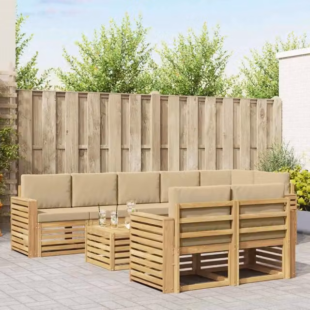 Set di divani da esterno a L vidaXL in legno di acacia con tavolo da caffè, 9 pezzi, Bianco, Beige e Marrone