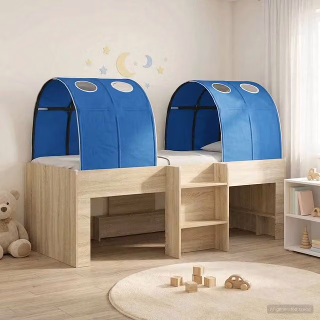 Letto singolo rialzato per bambini vidaXL con struttura a casetta e tunnel, Rovere e Blu, L: 203 cm, P: 120 cm, H: 111 cm – 1