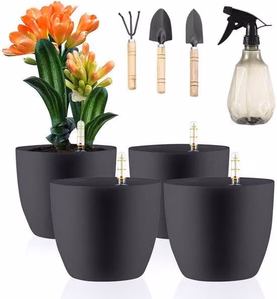 Set di 4 vasi Unyqoos®, in plastica, 15,5 x 13 cm – con sistema di autoirrigazione e indicatore del livello dell'acqua, sistema di irrigazione integrato, inclusi 3 palettine per piante e un annaffiatoio