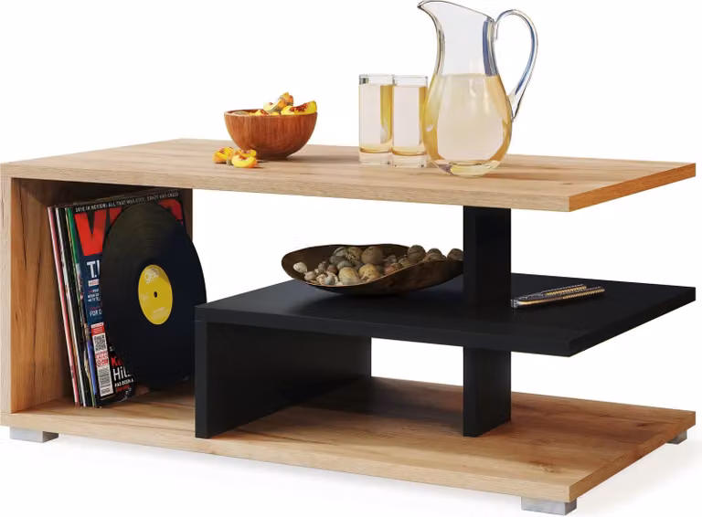 Tavolino All4All, piccolo tavolino da caffè, tavolino per il soggiorno, tavolino da divano con ripiani, tavolino da divano, 90x50 cm, modello 05, finitura: rovere dorato e nero