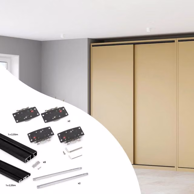 Sistema Flow 2 da superficie in kit per un armadio con 2 ante scorrevoli in legno supportate da chiusura ammortizzata