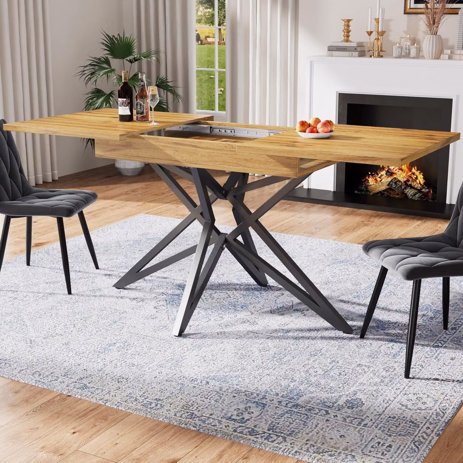 Set da pranzo con tavolo allungabile e 4 sedie, dimensioni 120/160 x 80 cm, piano in MDF con finitura effetto noce, gambe in metallo nero e sedie in velluto grigio scuro