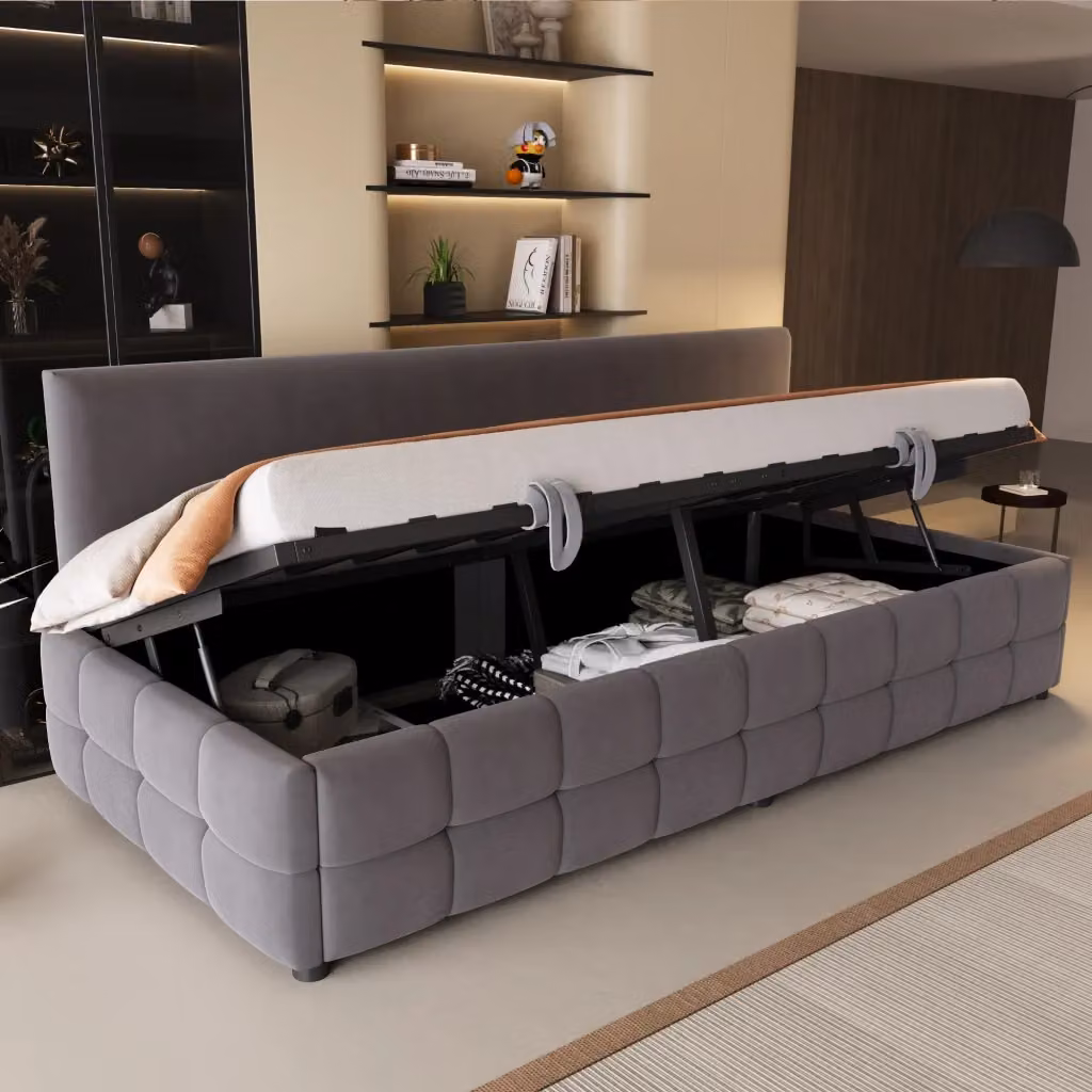 Letto imbottito REDOM con contenitore idraulico in velluto grigio L/P: 90 x 200 cm – 2