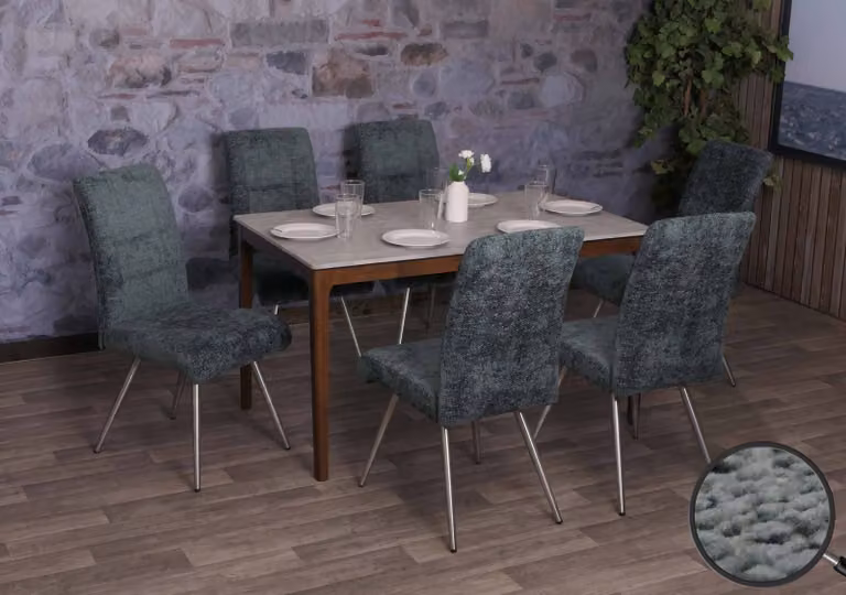 Set di 6 sedie da pranzo modello HWC-G55, sedia da cucina con schienale, acciaio inossidabile spazzolato, rivestimento in tessuto tipo chenille, colore blu-verde