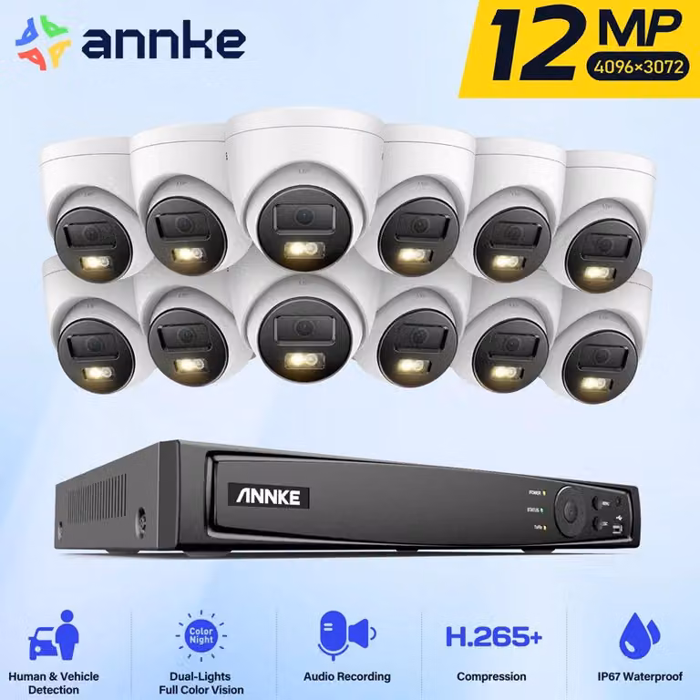 Sistema di videosorveglianza a 16 canali con registratore NVR e 12 telecamere di sicurezza HD da 12 megapixel, resistenti agli agenti atmosferici