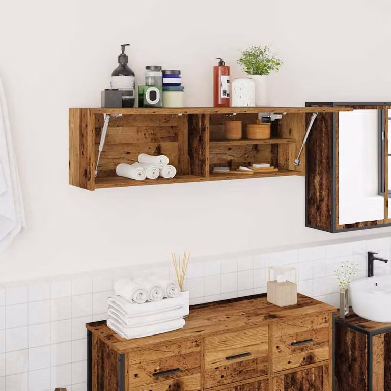 Mobile da bagno vidaXL in legno antico marrone con ante a cerniera e ripiani interni, L 100 x P 25 x H 30 cm