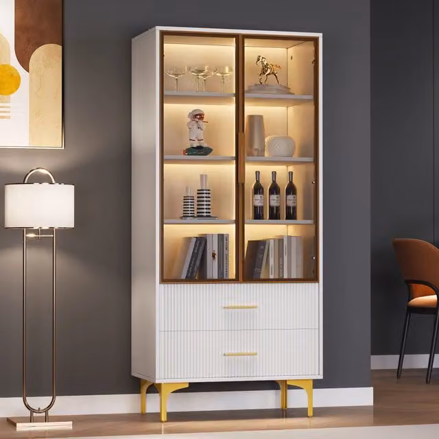 Vetrina in Vetro con Ante e Luce LED ¨C Xylo ¨C Dorato, 70x35x150 cm