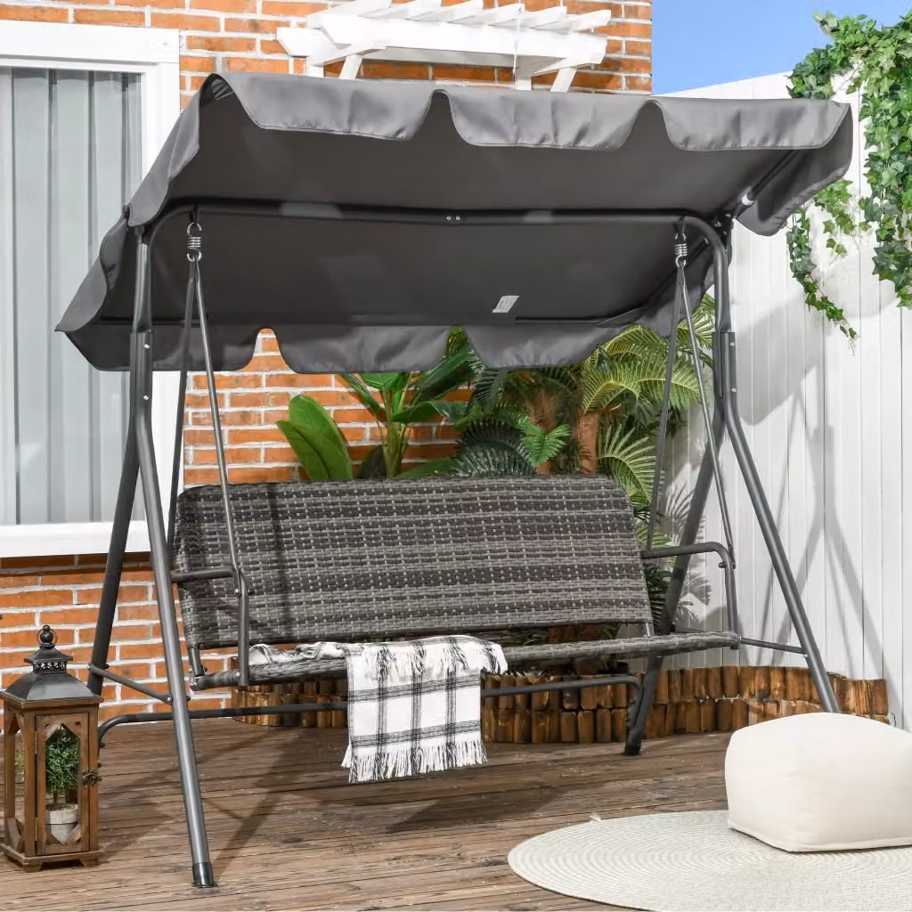 Dondolo da Giardino 3 Posti Giordanoshop con Tettuccio Regolabile in Rattan e Acciaio Grigio L: 240 cm, P: 112 cm, H: 153 cm – 2