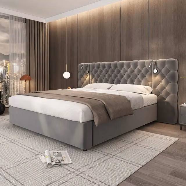 Letto contenitore matrimoniale 160 × 200 cm, lampada da lettura e testiera imbottita, senza materasso, velluto grigio