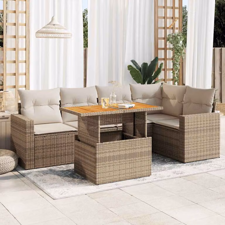 Set Divano da Giardino vidaXL 6 pz a Forma a L con Cuscini Beige e Tavolino da Esterno in Polyrattan e Acciaio