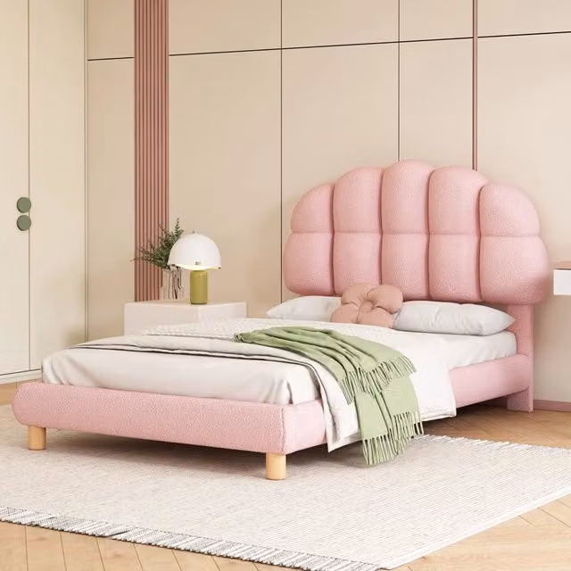 Letto singolo imbottito 90 × 200 cm con rete a doghe in legno bouclé rosa testiera regolabile 93 e 99 cm