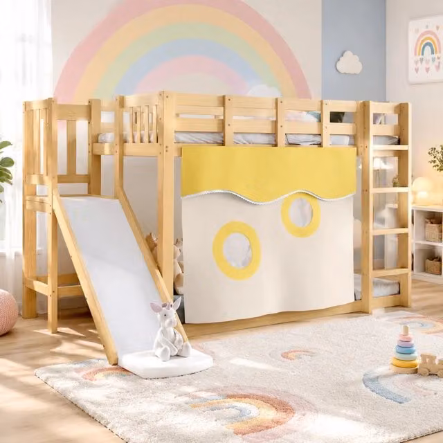 Letto a castello Beaok per bambini con scala, scivolo e tende in legno di pino e MDF, colore naturale e bianco, L/P: 200 x 90 cm