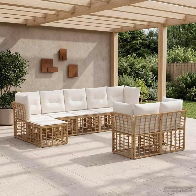 vidaXL Set di divani da esterno 9 posti a forma di L con cuscini, beige e bianco